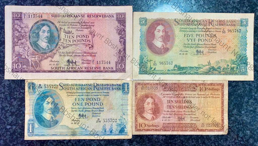 MH DE KOCK SET 10 POUND 1952, 5 POUND 1956, 1 POUND 1953 & 10 SHILLINGS 1953 (1 BID TAKES ALL)