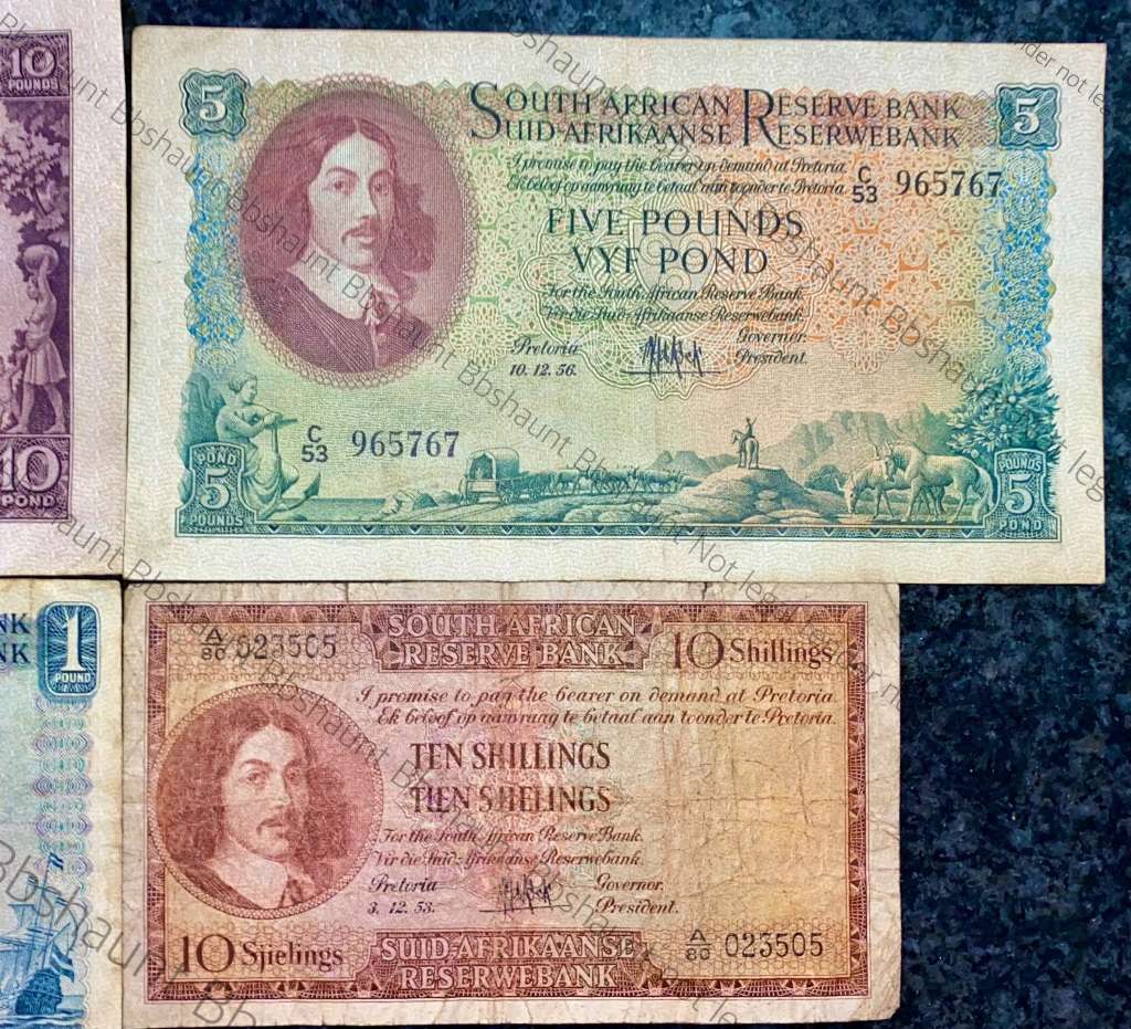 MH DE KOCK SET 10 POUND 1952, 5 POUND 1956, 1 POUND 1953 & 10 SHILLINGS 1953 (1 BID TAKES ALL)