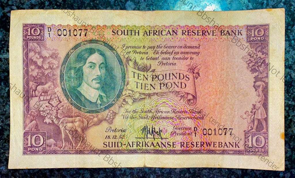 MH DE KOCK LOW NUMBER 10 POUND -- D1 /001077 -- E/A 14-09-1952 VAN REIBEECK WTM 3RD ISSUE