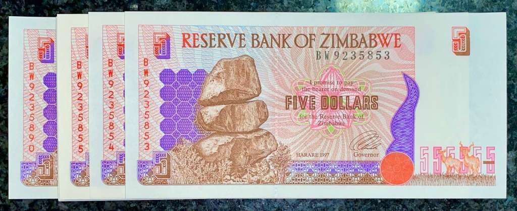 ZIMBABWE 5 DOLLAR PACK IN SEQUENCE BW9235853-890 UNC 1997 LONG NECK BIRD WTM(BID PER NOTE)38 AVAIL