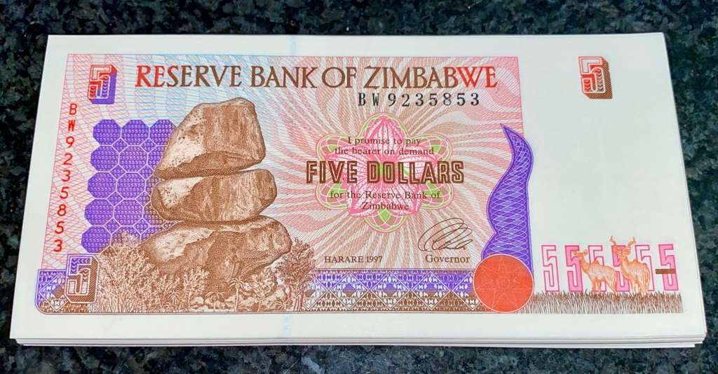 ZIMBABWE 5 DOLLAR PACK IN SEQUENCE BW9235853-890 UNC 1997 LONG NECK BIRD WTM(BID PER NOTE)38 AVAIL