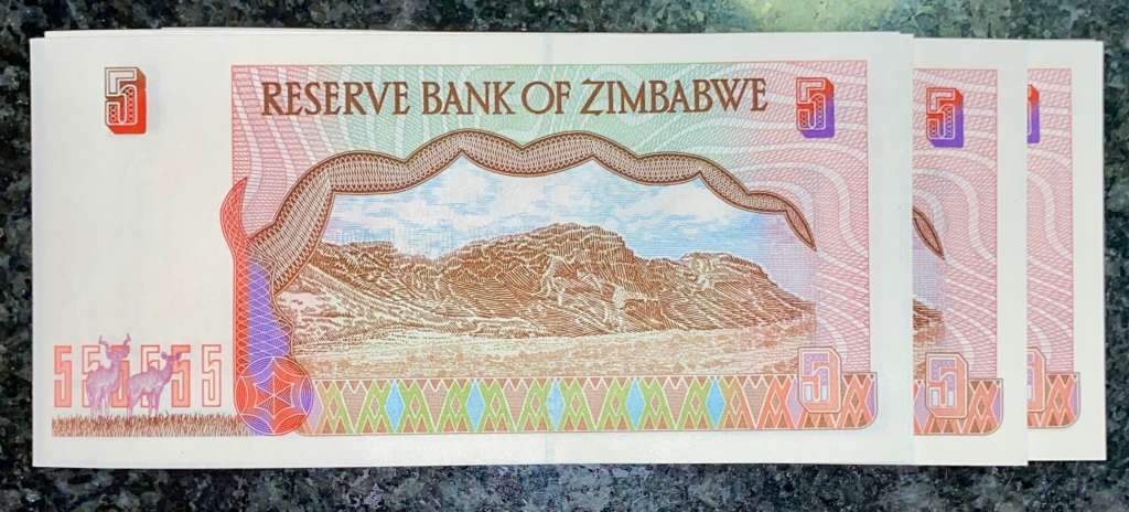 ZIMBABWE 5 DOLLAR PACK IN SEQUENCE BW9235853-890 UNC 1997 LONG NECK BIRD WTM(BID PER NOTE)38 AVAIL