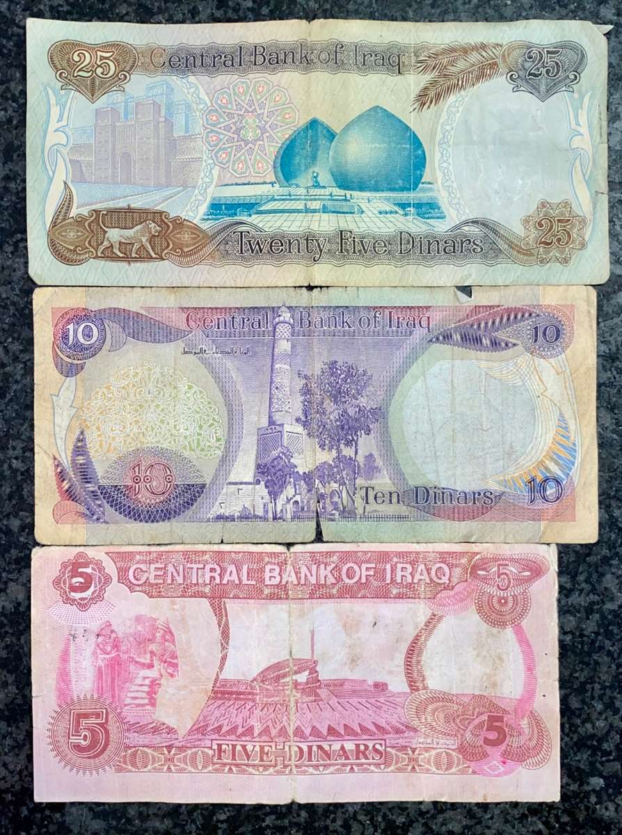 IRAQ SET 25 DINARS 1986, 10 DINARS 1981 & 5 DINARS 1996  ( 1 BID TAKES ALL)