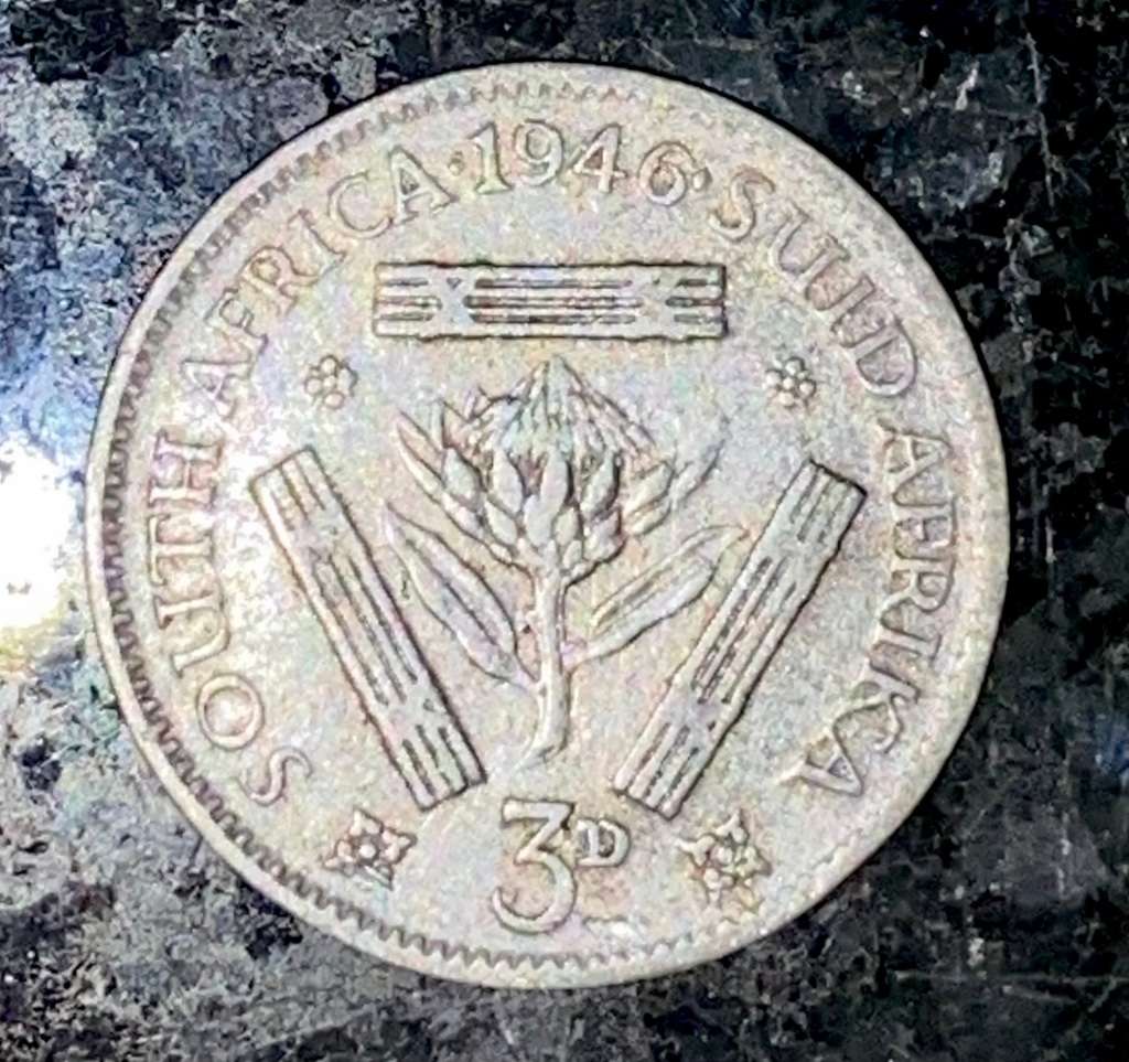 S A UNION SILVER 3D THREEPENCE TICKEY --1946--