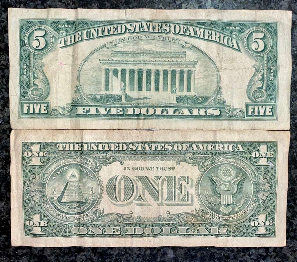 U S A SET 5 DOLLARS 1969 & 1 DOLLAR 2003 (1 BID TAKES ALL)