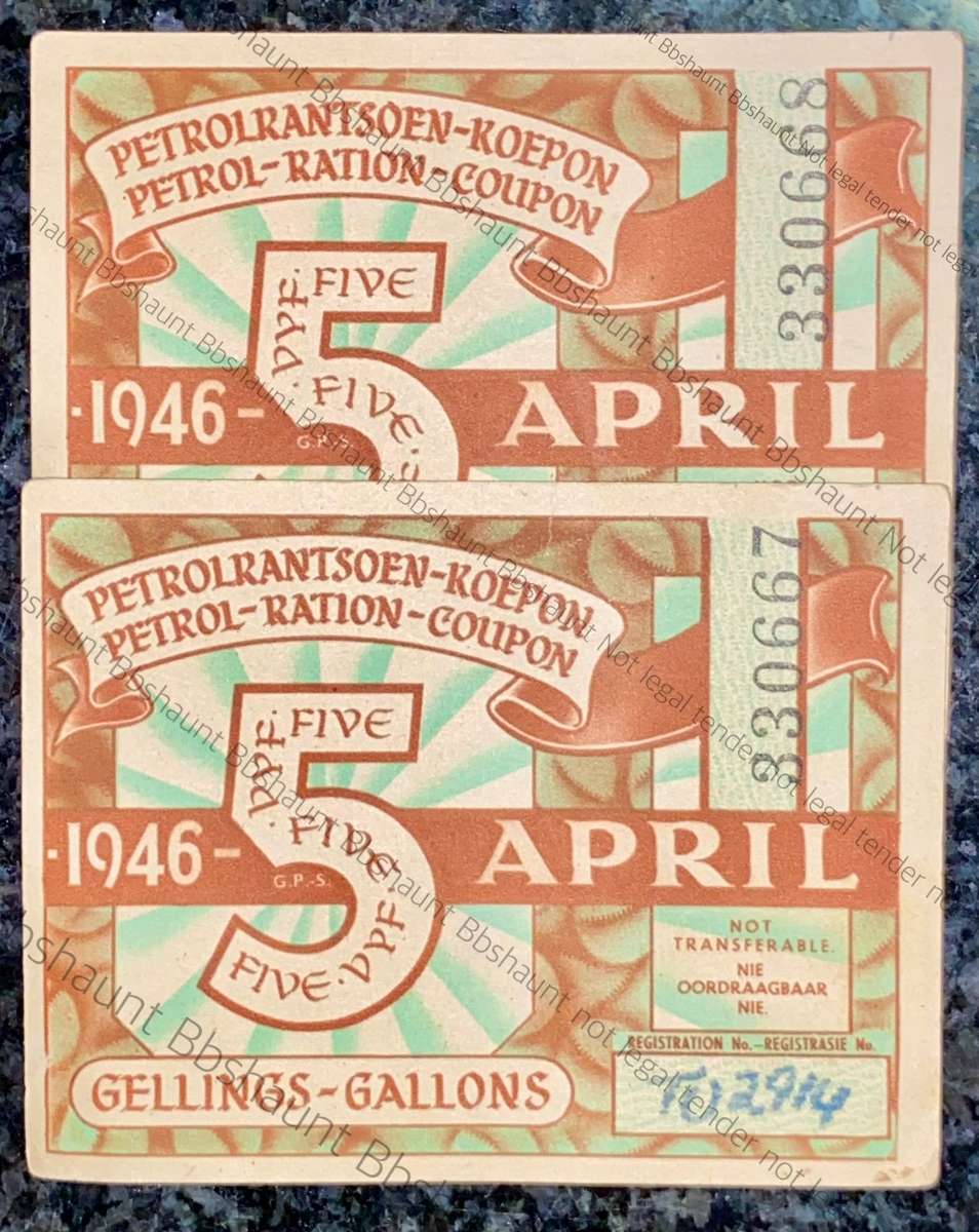 SOUTH AFRICA PETROL RATION COUPONS IN SEQUENCE 330667-668 5 GALLONS 1946 -- STAMPED --