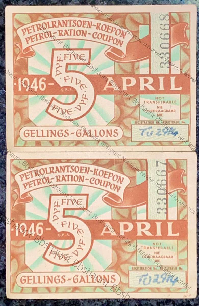 SOUTH AFRICA PETROL RATION COUPONS IN SEQUENCE 330667-668 5 GALLONS 1946 -- STAMPED --