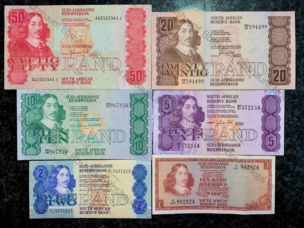 COMPLETE SET OF GPC DE KOCK & DECIMALS R50 TO R2 - 1980s (R1 TW DE JONGH 1975)- (1 BID TAKES ALL)