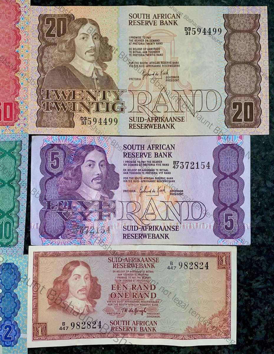 COMPLETE SET OF GPC DE KOCK & DECIMALS R50 TO R2 - 1980s (R1 TW DE JONGH 1975)- (1 BID TAKES ALL)