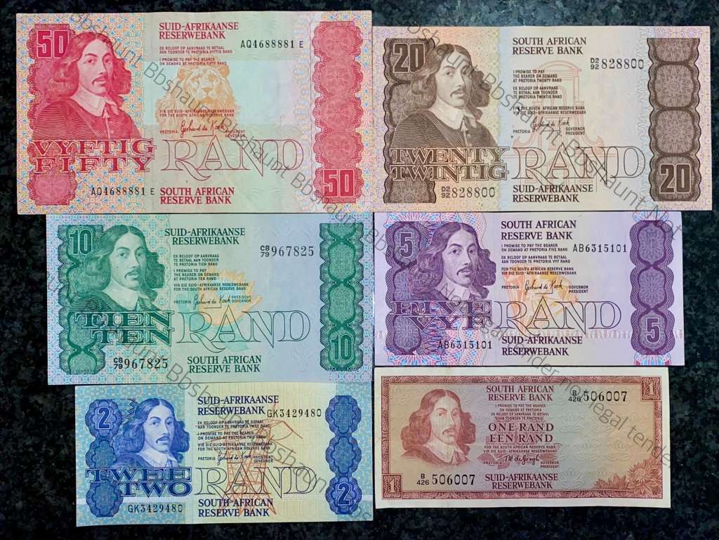 COMPLETE SET OF GPC DE KOCK & DECIMALS R50 TO R2 - 1980s (R1 TW DE JONGH 1975)- (1 BID TAKES ALL)
