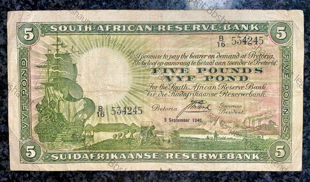 J POSTMUS 5 POUND 9 SEPTEMBER 1940 ENG/AFR B16 FIRST ISSUE