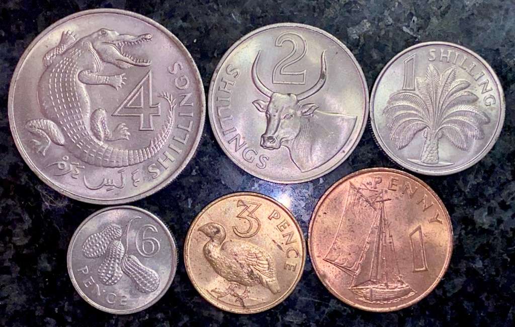 GAMBIA UNC SET 4 SHILLINGS, 2 SHILLINGS, 1 SHILLING, 6 PENCE, 3 PENCE & 1 PENNY 1966(1 BID TAKES ALL