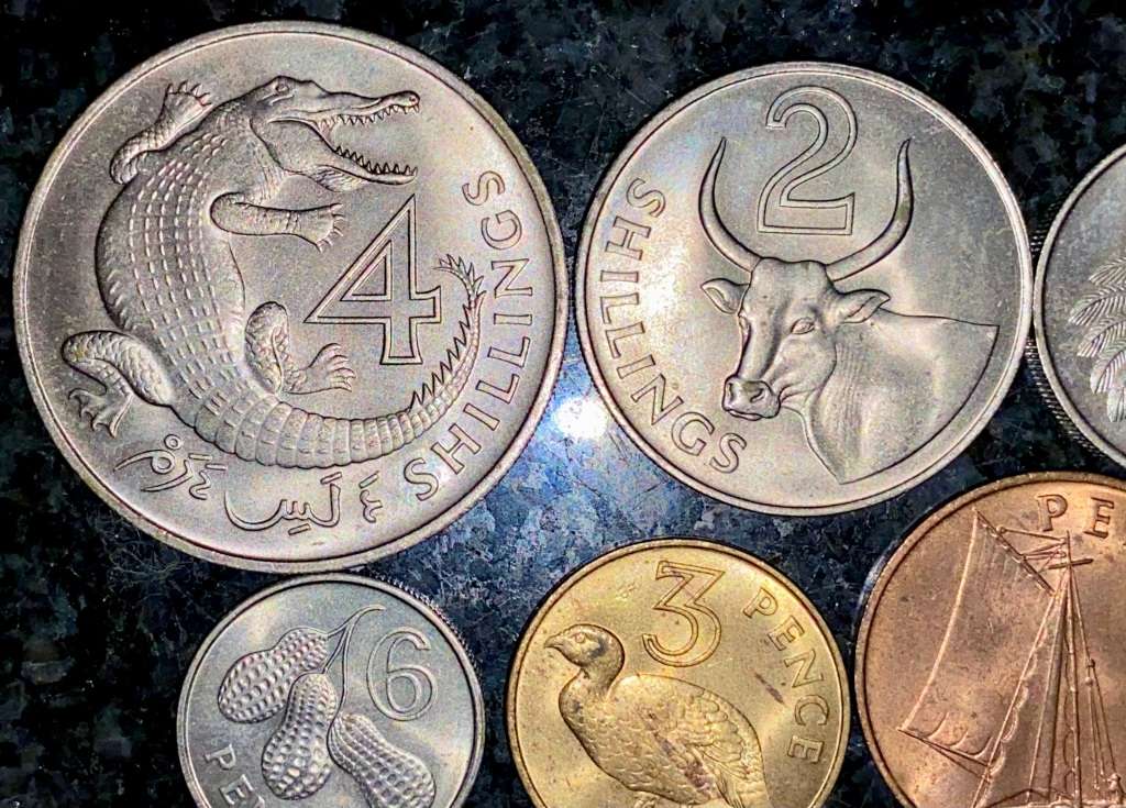 GAMBIA UNC SET 4 SHILLINGS, 2 SHILLINGS, 1 SHILLING, 6 PENCE, 3 PENCE & 1 PENNY 1966(1 BID TAKES ALL