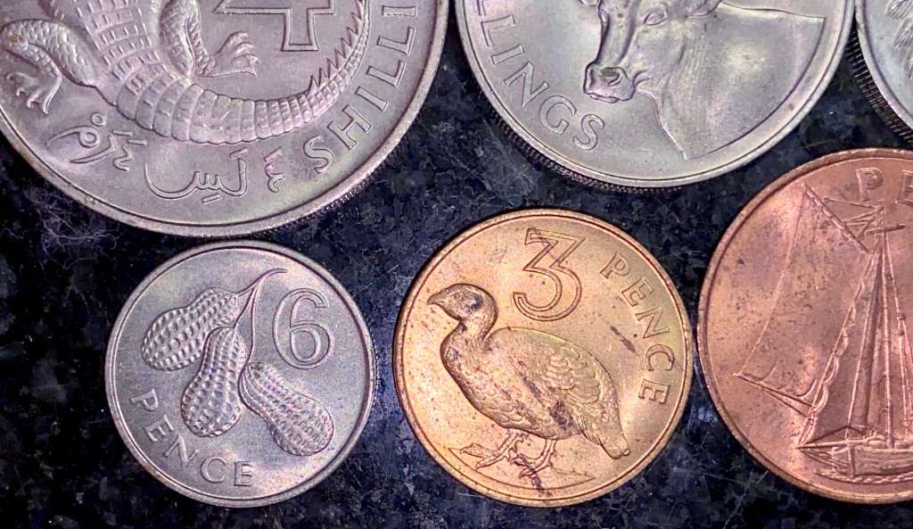 GAMBIA UNC SET 4 SHILLINGS, 2 SHILLINGS, 1 SHILLING, 6 PENCE, 3 PENCE & 1 PENNY 1966(1 BID TAKES ALL