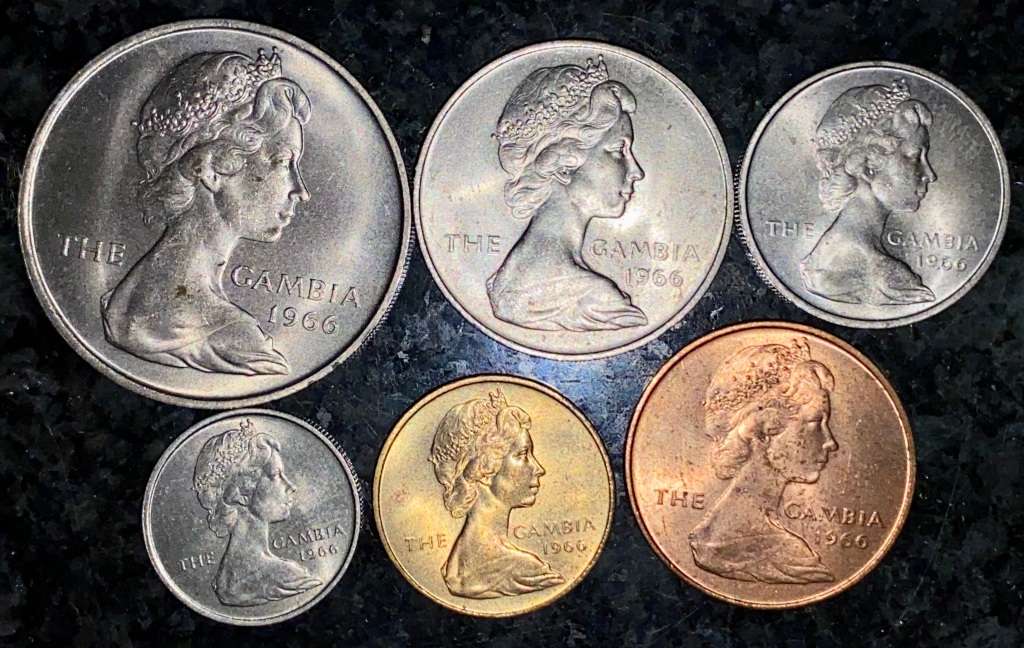 GAMBIA UNC SET 4 SHILLINGS, 2 SHILLINGS, 1 SHILLING, 6 PENCE, 3 PENCE & 1 PENNY 1966(1 BID TAKES ALL