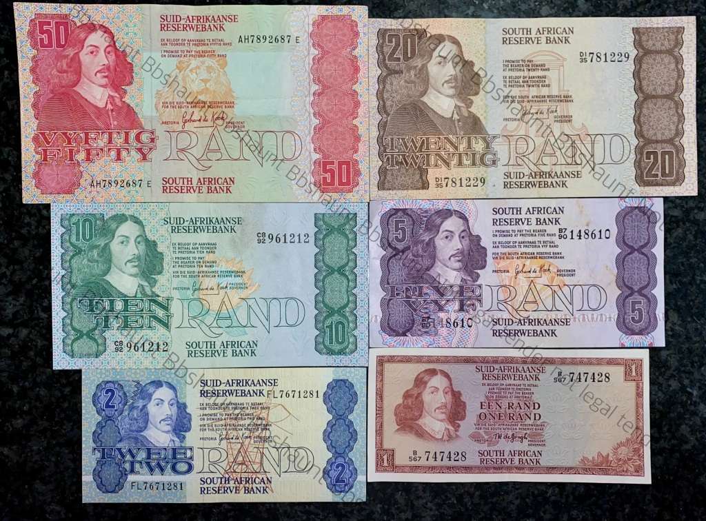 COMPLETE SET OF GPC DE KOCK & DECIMALS R50 TO R2 - 1980s (R1 TW DE JONGH 1975)- (1 BID TAKES ALL)