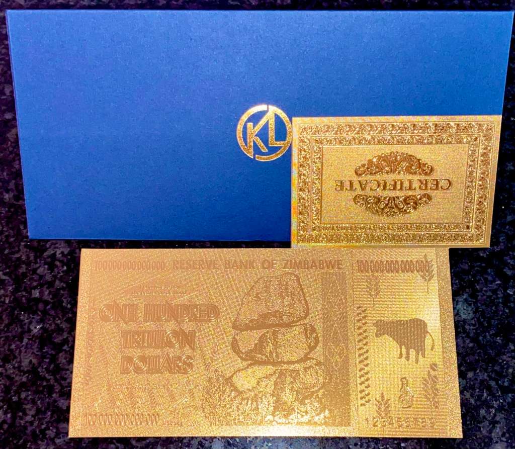 ZIMBABWE - 100 TRILLION DOLLARS GOLD 2008 - GOLD FOIL999 CARD - AMAZING ART - WITH CERT & FOLDER