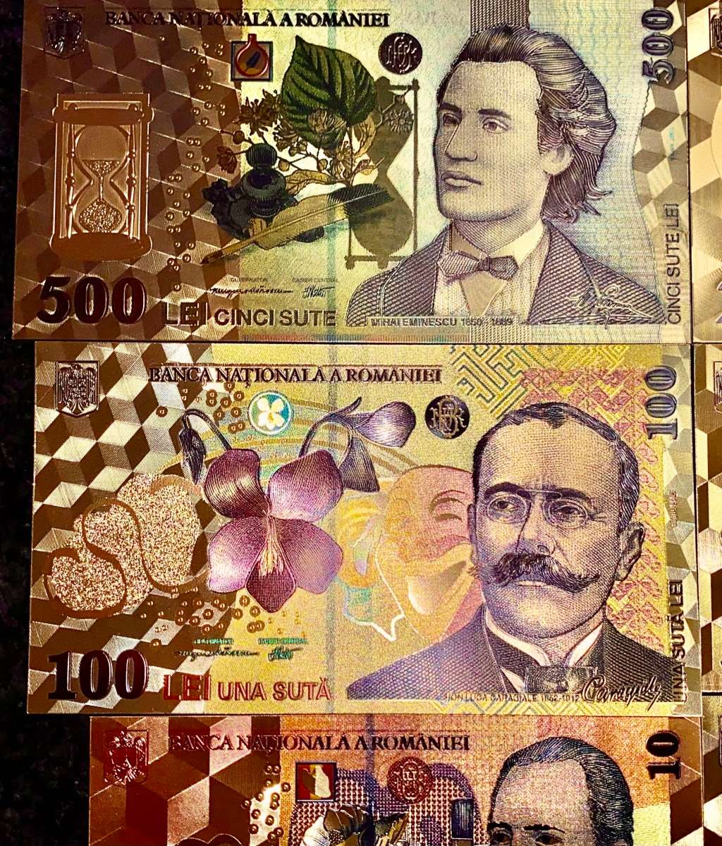 ROMANIA - FULL SET 500 LEI TO 1 LEI - GOLD FOIL999 CARD - AMAZING ART - WITH CERT & FOLDER