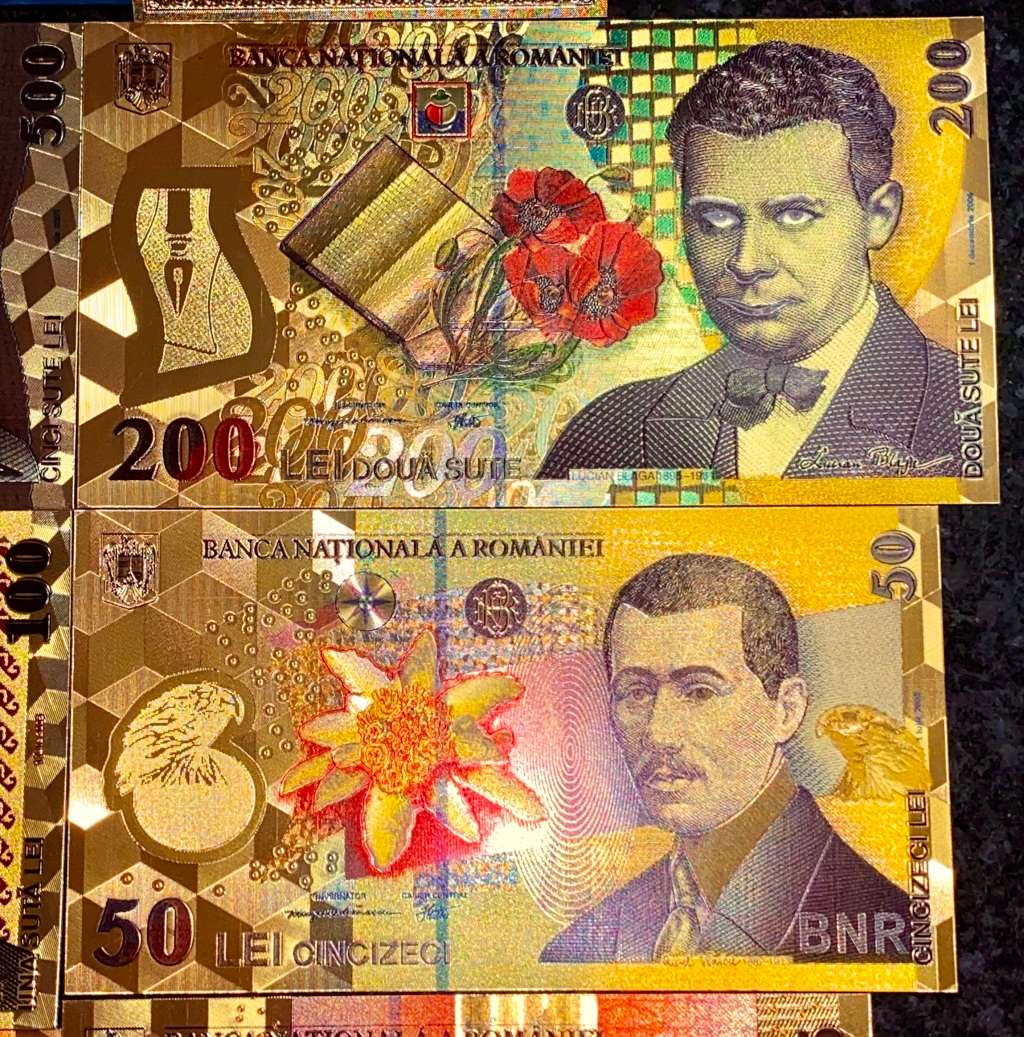 ROMANIA - FULL SET 500 LEI TO 1 LEI - GOLD FOIL999 CARD - AMAZING ART - WITH CERT & FOLDER