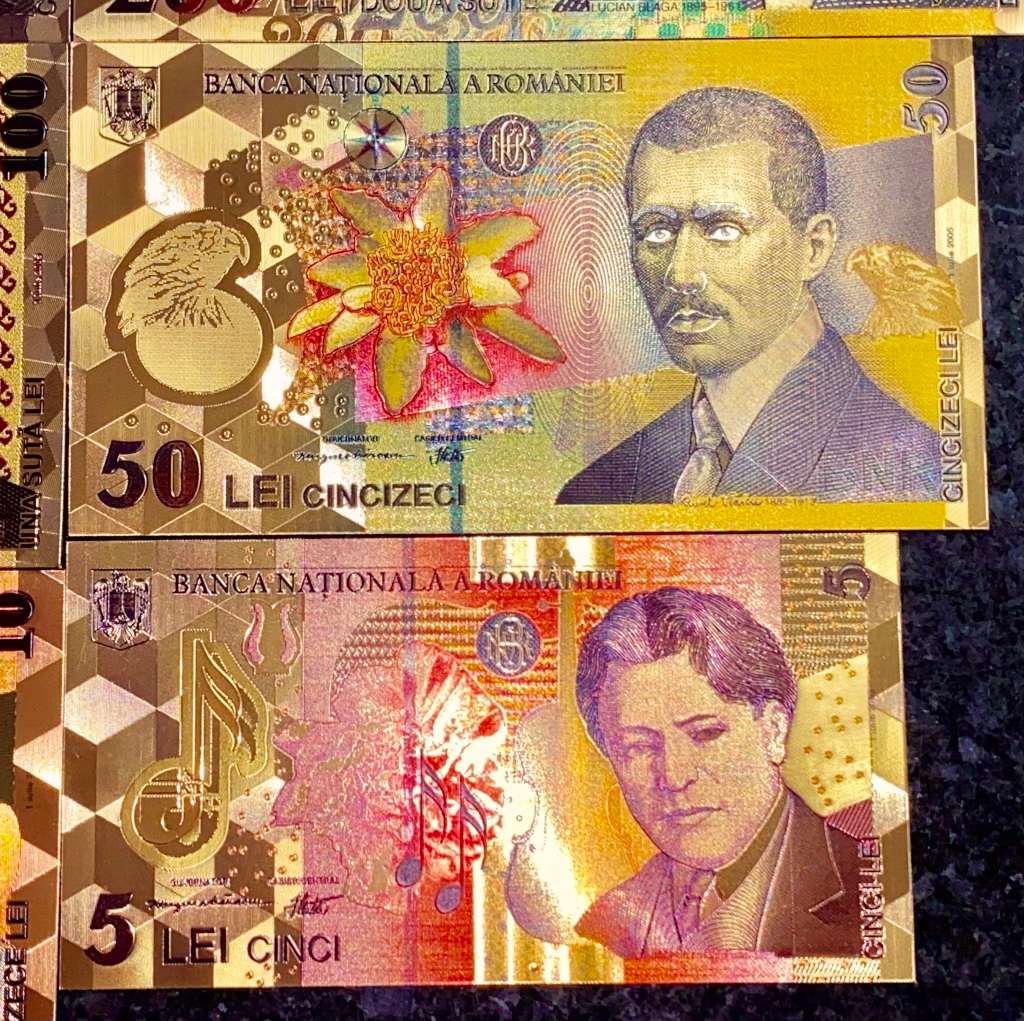 ROMANIA - FULL SET 500 LEI TO 1 LEI - GOLD FOIL999 CARD - AMAZING ART - WITH CERT & FOLDER