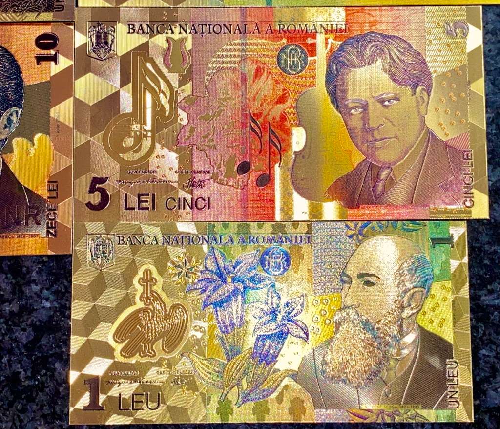 ROMANIA - FULL SET 500 LEI TO 1 LEI - GOLD FOIL999 CARD - AMAZING ART - WITH CERT & FOLDER