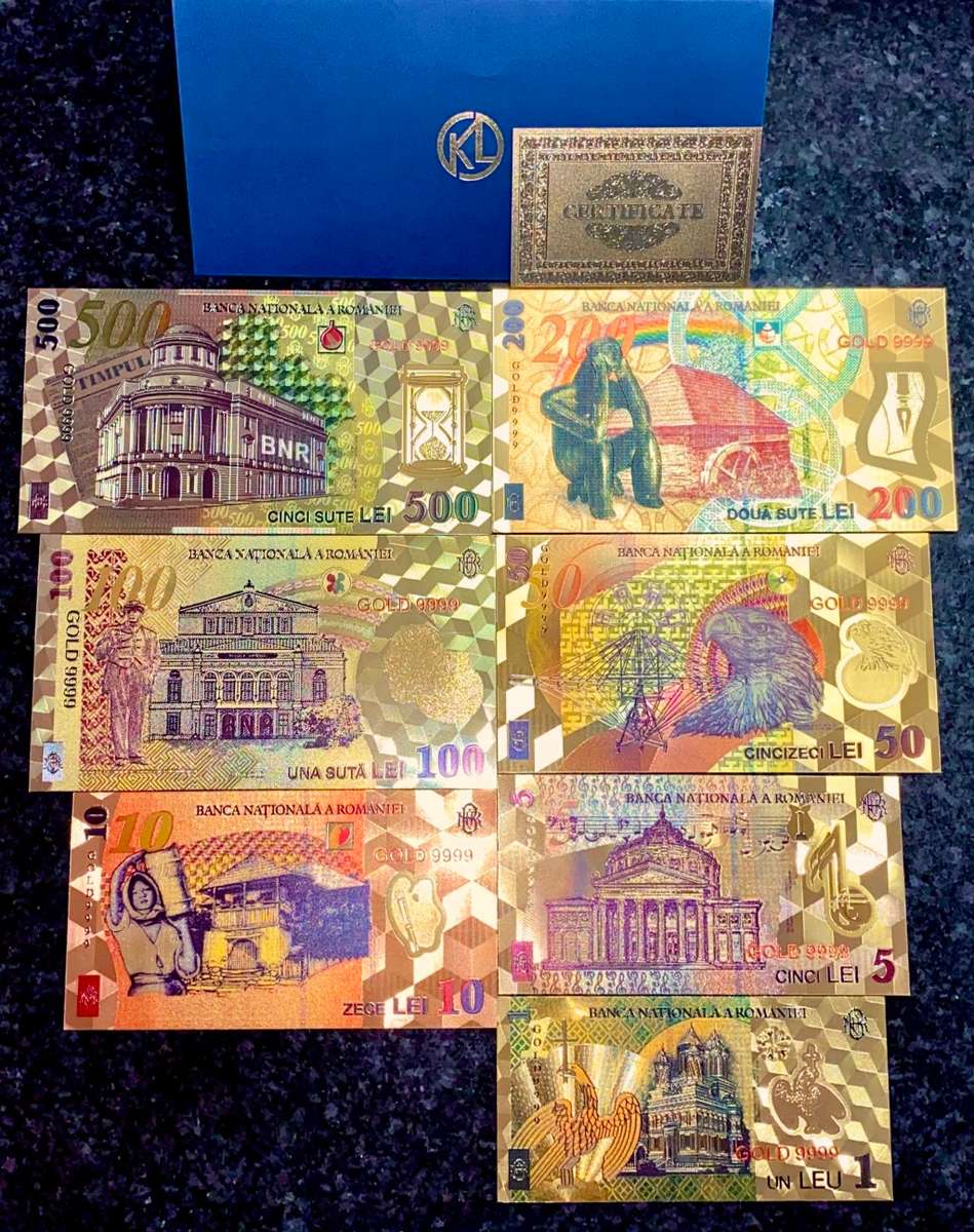 ROMANIA - FULL SET 500 LEI TO 1 LEI - GOLD FOIL999 CARD - AMAZING ART - WITH CERT & FOLDER