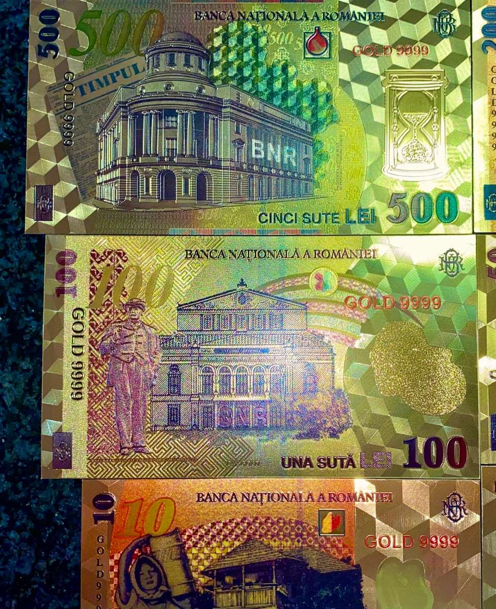 ROMANIA - FULL SET 500 LEI TO 1 LEI - GOLD FOIL999 CARD - AMAZING ART - WITH CERT & FOLDER