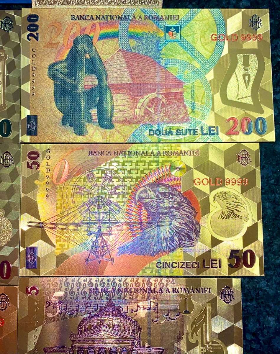 ROMANIA - FULL SET 500 LEI TO 1 LEI - GOLD FOIL999 CARD - AMAZING ART - WITH CERT & FOLDER