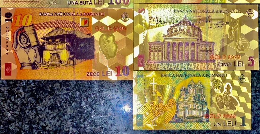 ROMANIA - FULL SET 500 LEI TO 1 LEI - GOLD FOIL999 CARD - AMAZING ART - WITH CERT & FOLDER