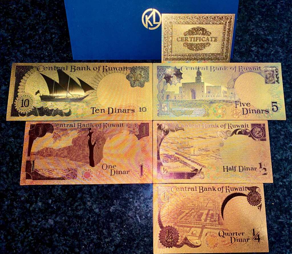 KUWAIT - SET 10 DINARS TO 1/4 DINARS 1968 - COLORIZED GOLD FOIL999 CARD - WITH CERT & FOLDER