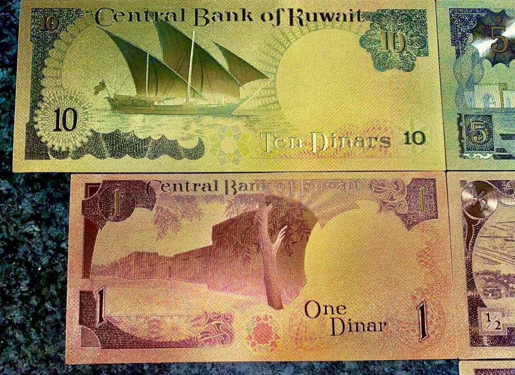 KUWAIT - SET 10 DINARS TO 1/4 DINARS 1968 - COLORIZED GOLD FOIL999 CARD - WITH CERT & FOLDER