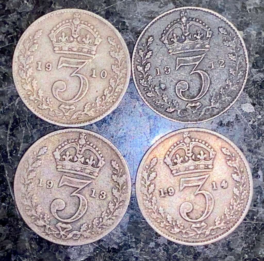 GREAT BRITAIN SILVER SET 3 PENCE 1910, 1912, 1913 & 1914(1 BID TAKES ALL)