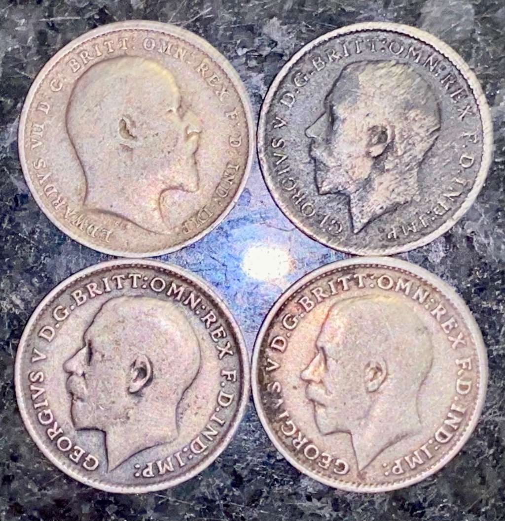 GREAT BRITAIN SILVER SET 3 PENCE 1910, 1912, 1913 & 1914(1 BID TAKES ALL)