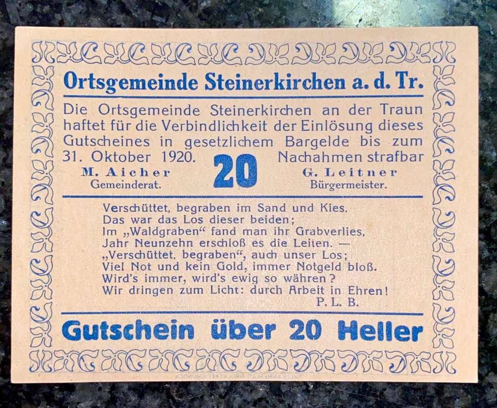AUSTRIA 20 HELLER - STEINERKIRCHEN (ROMERFUND) - 1920 UNC NOTGELD (EMERGENCY MONEY)