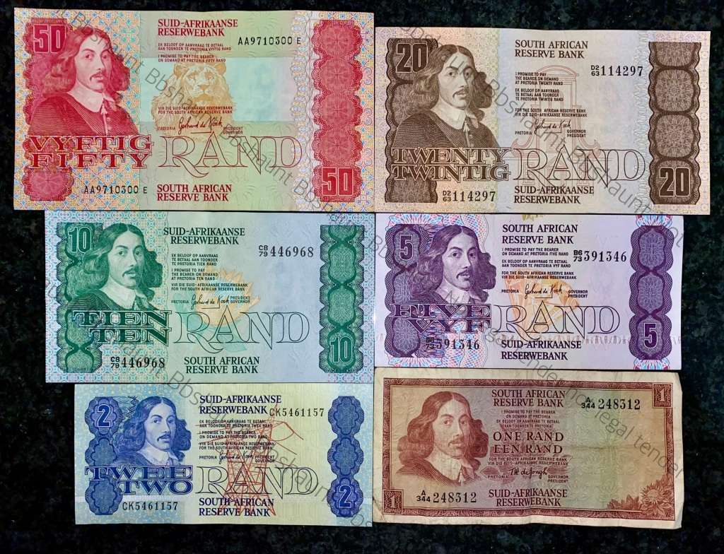 COMPLETE SET OF GPC DE KOCK & DECIMALS R50 TO R2 -- 1980s (R1 TW DE JONGH 1975)- (1 BID TAKES ALL)