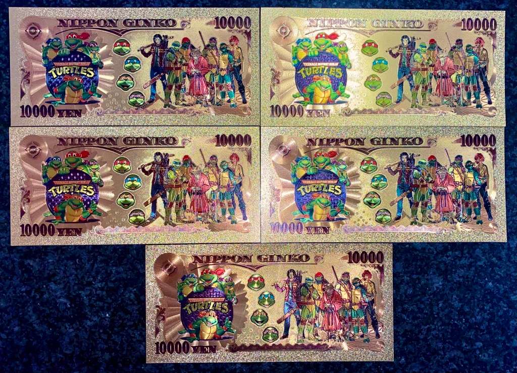 JAPAN - 10,000 YEN NIPPON GINKO NINJA TURTLES SET -- COLORIZED GOLD FOIL 9999 CARDS - LOVELY ART -