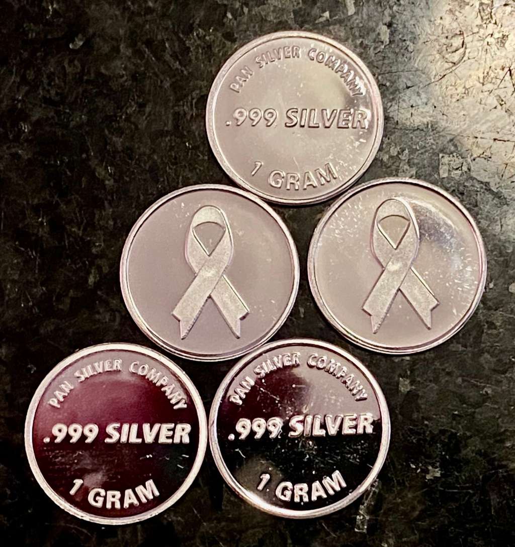 999 SILVER ROUNDS -- PEACE RIBBONS -- 1 GRAM FINE SILVER ROUNDS (BID PER ROUND)