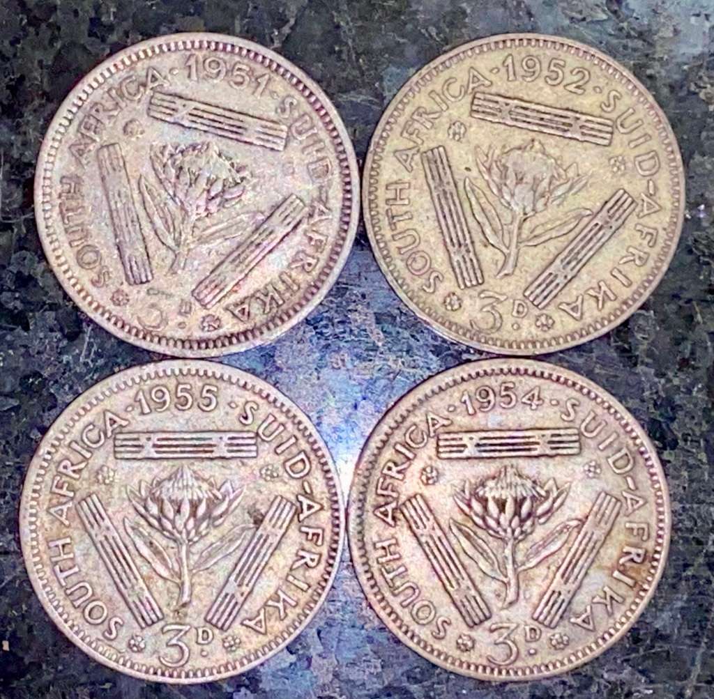 S A UNION SILVER SET 3D THREEPENCE 1951, 1952, 1954 & 1955 -- (1 BID TAKES ALL)