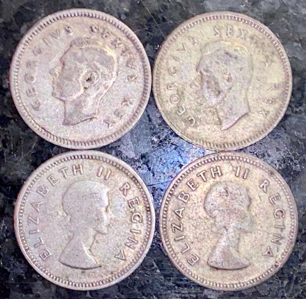 S A UNION SILVER SET 3D THREEPENCE 1951, 1952, 1954 & 1955 -- (1 BID TAKES ALL)