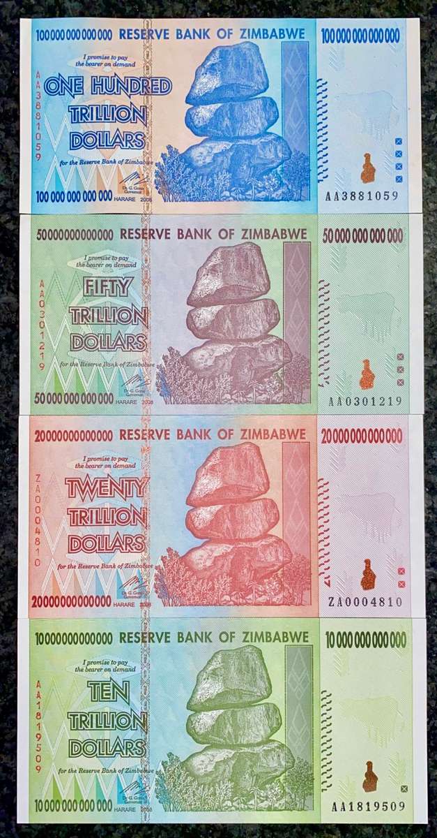 ZIMBABWE FULL SET TRILLION DOLLARS + REPLACEMENT 20 TRILLION ZA 100 TRILLION TO 10 TRILLION 2008 UNC