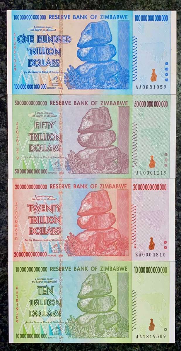 ZIMBABWE FULL SET TRILLION DOLLARS + REPLACEMENT 20 TRILLION ZA 100 TRILLION TO 10 TRILLION 2008 UNC