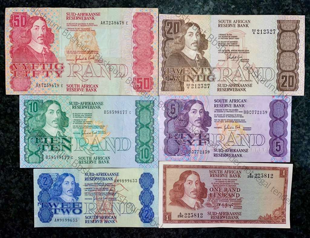 COMPLETE SET OF GPC DE KOCK & DECIMALS R50 TO R2 - 1980s (R1A TW DE JONGH 1975)- (1 BID TAKES ALL)