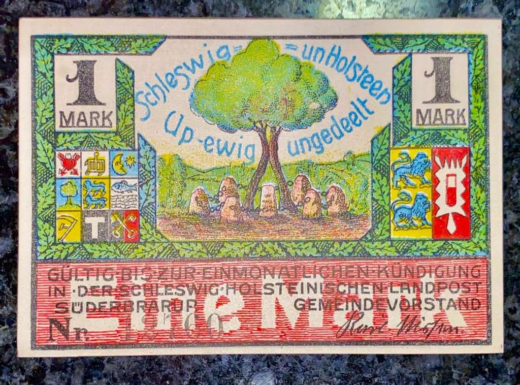 GERMANY 1 MARK - SUDERBRARUP - 1920 UNC NOTGELD (EMERGENCY MONEY) - AMAZING ART