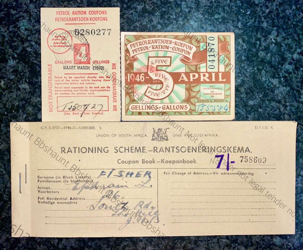 S A UNION PETROL RATION FILLING STATION FULL UNUSED COUPON BOOK & 4 + 5 GALLON 1942/45 WW2