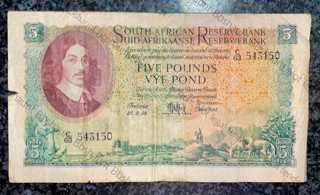 MH DE KOCK 5 POUND 27-01-1958 E/A 3RD ISSUE C63 VAN RIEBEECK WTM