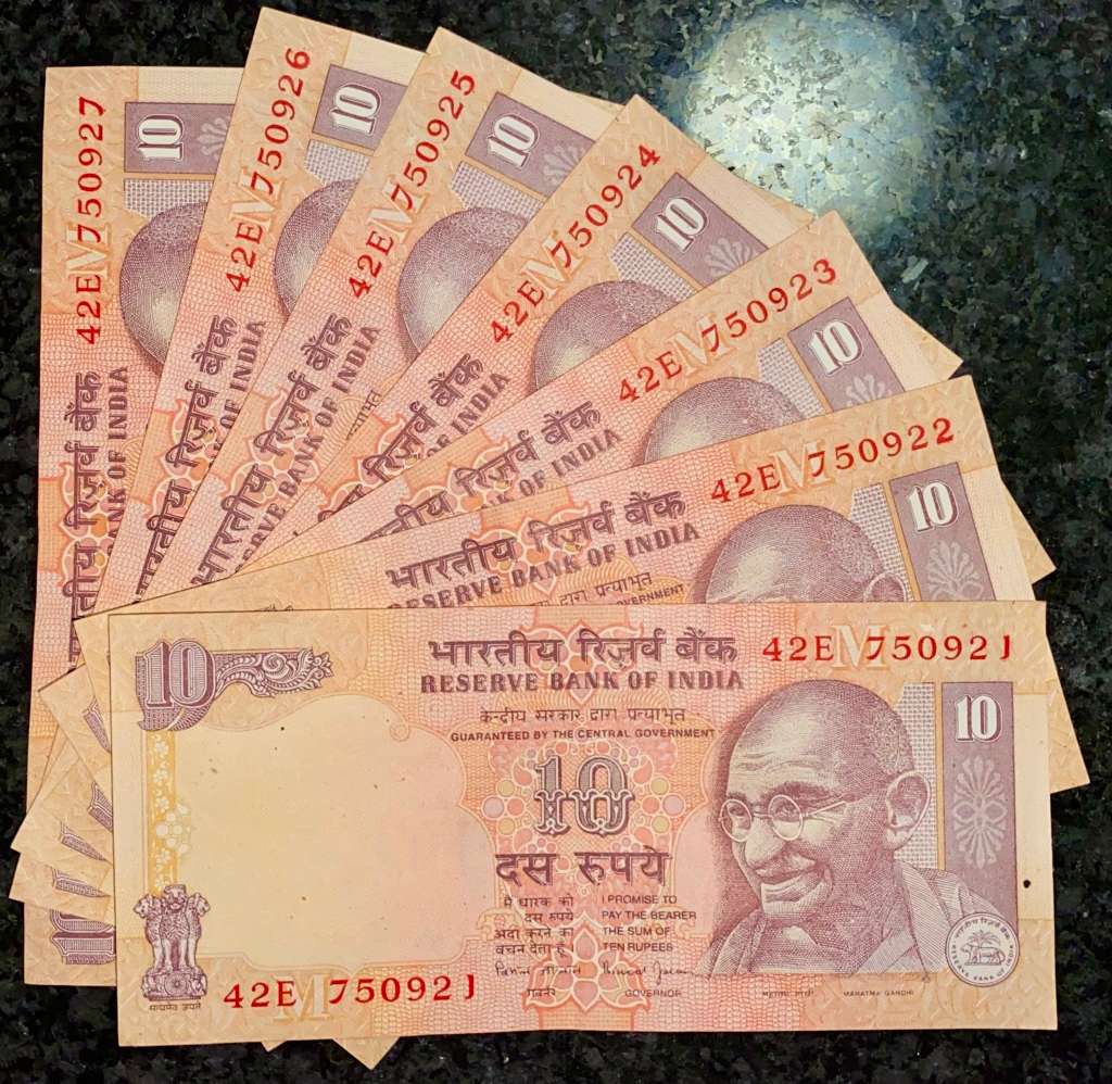 INDIA 10 RUPEE IN SEQUENCE 42E750921-927 MAHATMA GANDHI ND 2018(BID PER NOTE)