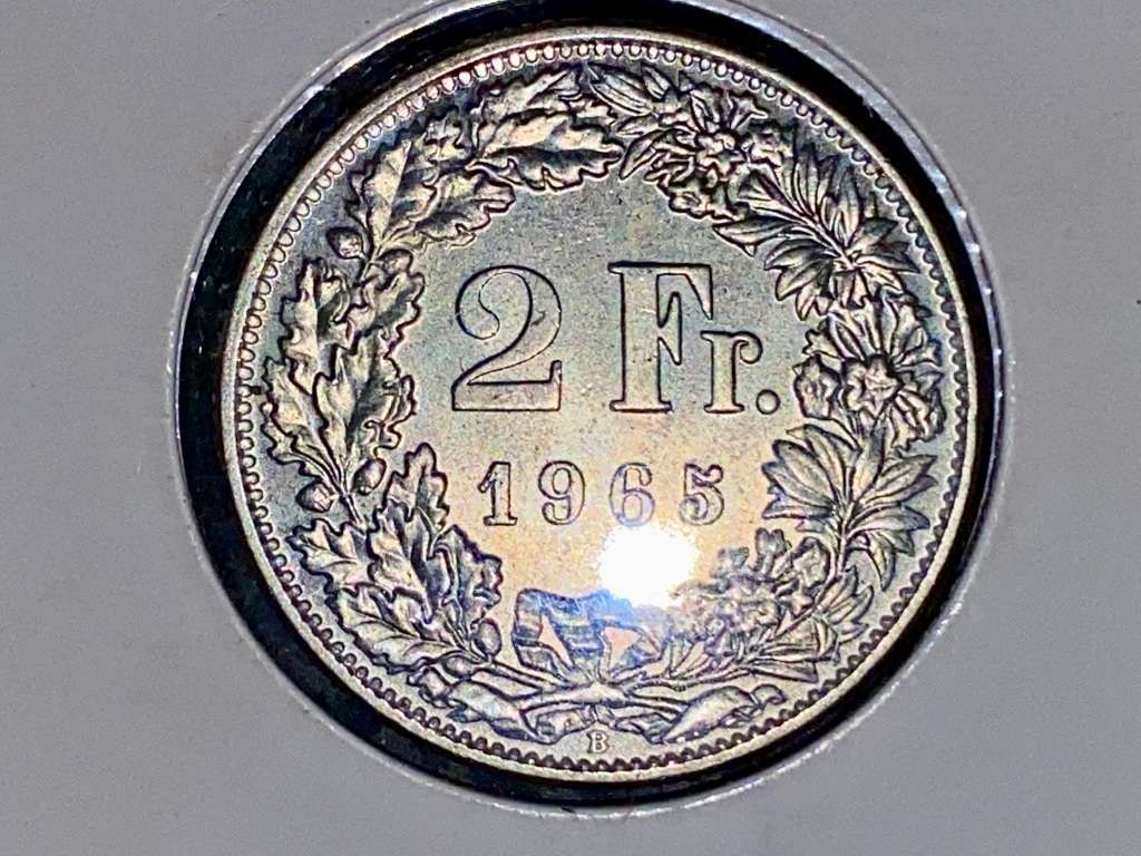 SWITZERLAND SILVER 2 FRANCS 1965 VERY GOOD CONDITION IN COIN FLIP SILVER,835