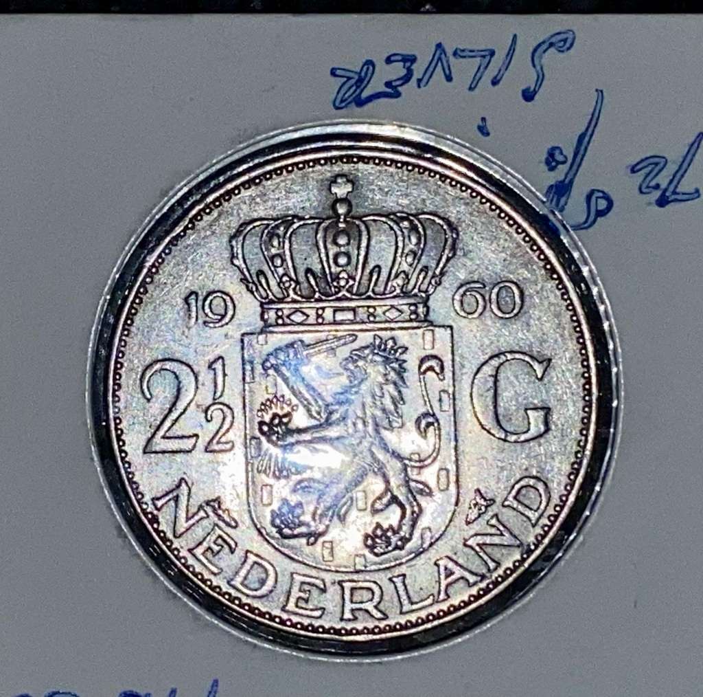 NETHERLANDS SILVER 2 1/2 GULDEN 1960 JULIANA - SILVER VALUE ALONE R195