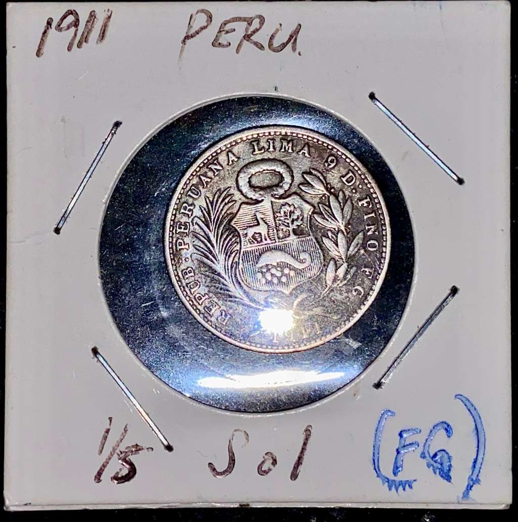PERU SILVER 1/5 SOL 1911 FG GOOD CONDITION IN COIN FLIP