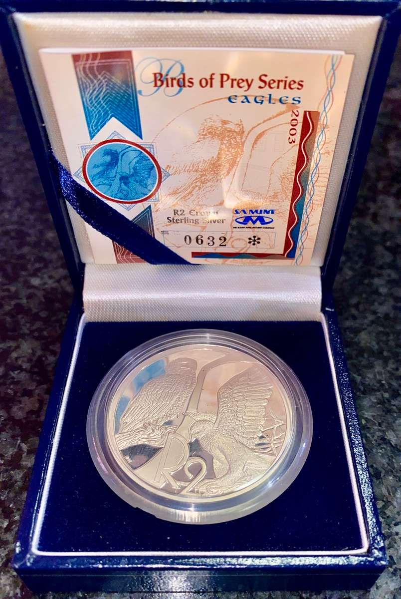SOUTH AFRICA PROOF STERLING SILVER R2 -- 2003 EAGLES MINTAGE 2166 WITH CERT AND BLUE SA MINT BOX